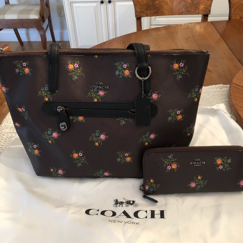 Coach tote and large wallet - cross stitch floral